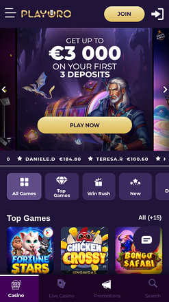 PlayOro Mobile Homepage