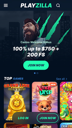Page d'accueil mobile de Playzilla Casino