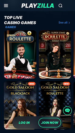 Casino mobile Playzilla avec croupier en direct