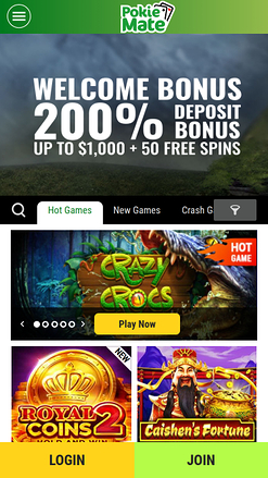 Page d'accueil mobile du casino Pokie Mate