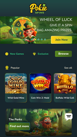 Page d'accueil mobile du casino Pokie Spins