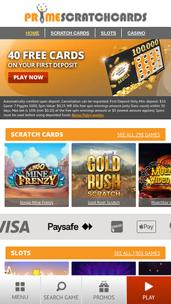 Homepage mobile di PrimeScratchCards