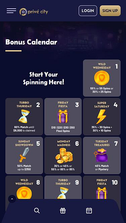 Page mobile du calendrier des bonus du casino Prive City