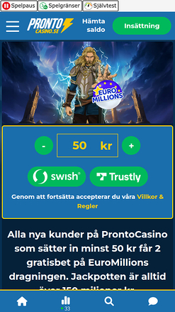 Page d'accueil mobile de Pronto Casino