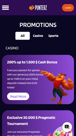 Promotions mobiles du casino Punterz