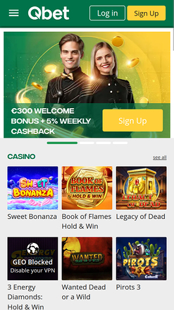 Page d'accueil mobile du casino QBet