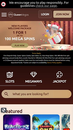 Page d'accueil mobile du casino Queen Vegas