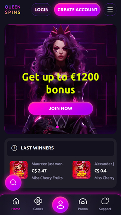 Page d'accueil mobile du casino QueenSpins