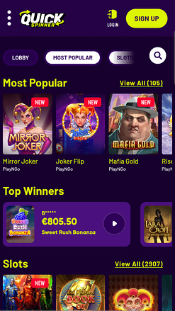 Page d'accueil mobile du casino Quickspinner
