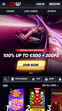 Page d'accueil mobile de Quickwin Casino