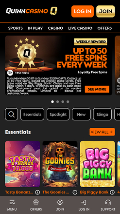 QuinnBet Casino Mobile Homepage