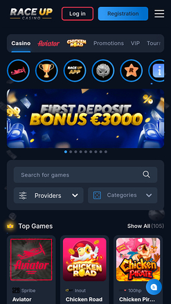 Page d'accueil mobile de Raceup Casino