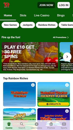 Page d'accueil mobile du casino Rainbow Riches