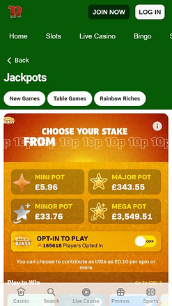 Jackpot mobile du casino Rainbow Riches