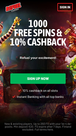 Page d'accueil mobile de Refuel Casino