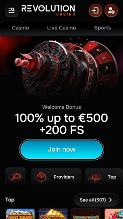 Главная страница мобильного приложения Revolution Casino