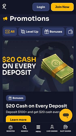Page mobile des promotions du casino ReyBets