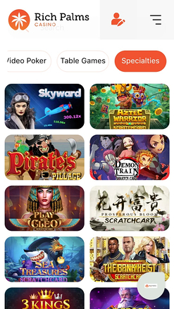 Spécialités mobiles du casino Rich Palms