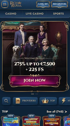 Capture d'écran mobile de la page d'accueil du casino Rich Royal