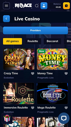 Casino mobile Rioace avec croupier en direct