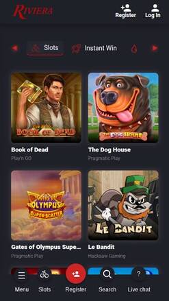 Captura de pantalla de la página móvil de juegos de Riviera Casino