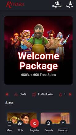 Captura de pantalla de la página de inicio móvil de Riviera Casino