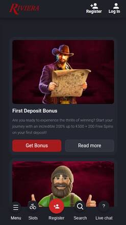 Captura de pantalla de la página móvil de promociones de Riviera Casino