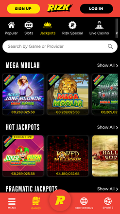 Jackpot mobile du casino Rizk