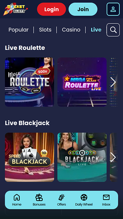 Casino Rocket Slots Mobile avec croupier en direct