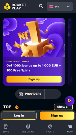 Page d'accueil mobile du casino RocketPlay