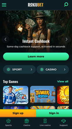 Мобильная домашняя страница казино RokuBet