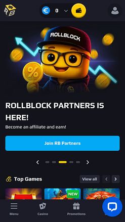 Главная страница мобильного приложения казино RollBlock