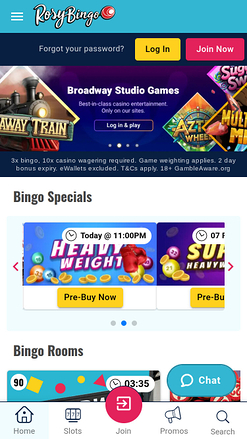 Page d'accueil mobile de Rosy Bingo