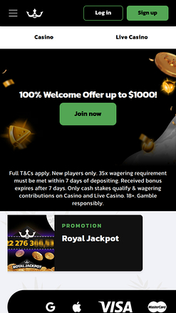 Page d'accueil mobile du casino Royal Panda