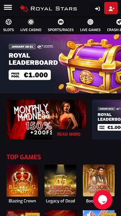 Page d'accueil mobile du casino Royal Stars