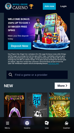 Page d'accueil mobile du casino Royal Swipe