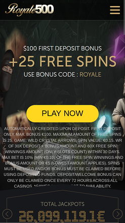 Page d'accueil mobile du casino Royale500