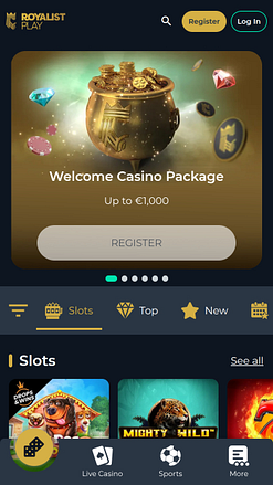 Pagina iniziale mobile di Royalist Play Casino