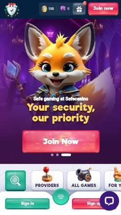 Capture d'écran mobile de la page d'accueil de SafeCasino
