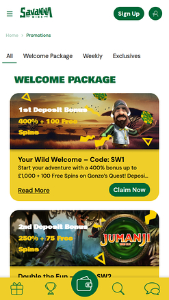 Promotions mobiles de Savanna Wins Casino