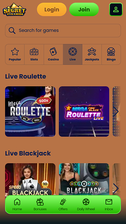 Casino móvil con crupier en vivo de Secret Pyramids