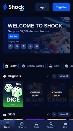 Capture d'écran de la page d'accueil de Shock Casino pour mobile