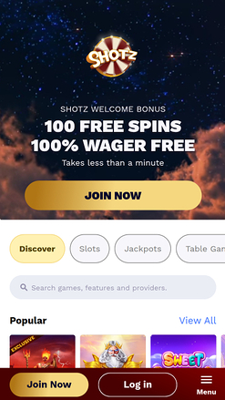 Page d'accueil mobile de Shotz Casino