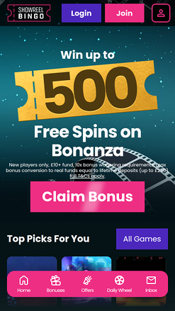 Page d'accueil mobile du casino Showreel Bingo