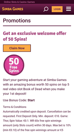 Promotions mobiles du casino Simba Games