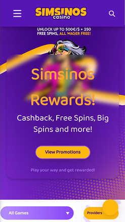 Page d'accueil mobile du casino Simsinos