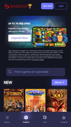 Page d'accueil mobile du casino Sin Spins