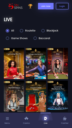 Croupier en direct mobile de Sin Spins Casino