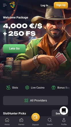 Page d'accueil mobile de Slot Hunter Casino