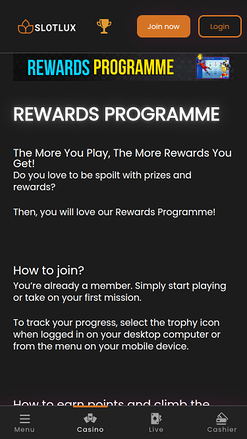 Récompenses mobiles de Slot Lux Casino